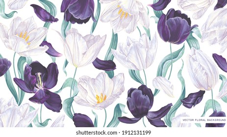 Wallpaper with realistic vector tulips for desktop on computers, laptops, tablets. Highly detailed black and white spring flowers with leaves, petals for your design, posters and social media banners