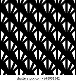 Wallpaper with repeated triangles. White triangle ornament on black background. Seamless surface pattern design with polygons. Modern abstract motif. Geometrical image. Triangular shapes. Vector art.