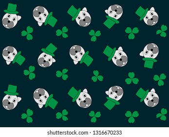 Wallpaper seamless with the image of a dog in a green hat and clover leaves, decoration for the feast of St. Patrick