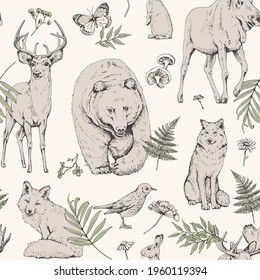 Wallpaper seamless pattern. Bear and forest animals with nature elements. Textile composition, hand drawn style print. Vector illustration.