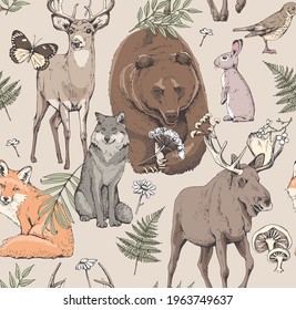 Wallpaper seamless pattern. Bear and forest animals with nature elements. Textile composition, hand drawn style print. Vector illustration.