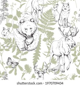 Wallpaper seamless pattern. Bear and forest animals with nature herbarium elements. Textile composition, hand drawn style print. Vector illustration.