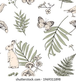 Wallpaper seamless pattern. Bunny, bird, butterfly and forest 
nature herbarium elements. Textile composition, hand drawn style print. Vector illustration.