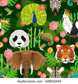 Wallpaper seamless pattern with mix of wild animals birds plants and flowers flat vector illustration