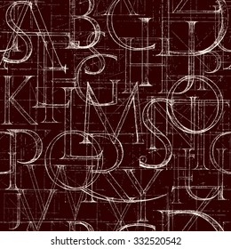 Wallpaper seamless pattern with Modern Roman Classic Alphabet with a Method of Geometrical Construction for Large Letters. Hand drawn construction sketch of ABC letters in old fashion vintage style. 