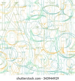 Wallpaper seamless pattern with Modern Roman Classic Alphabet with a Method of Geometrical Construction for Large Letters. Hand drawn construction sketch of ABC letters in old fashion vintage style. 