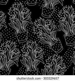 Wallpaper seamless pattern with narcissus in flowerpot made by sketch drawing