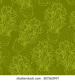 Wallpaper seamless pattern with narcissus in flowerpot made by sketch drawing