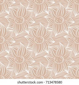 Wallpaper seamless pattern. Ornamental beige background with white ornaments. Vector illustration