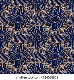 Wallpaper seamless pattern. Ornamental dark blue background with golden ornaments. Vector illustration
