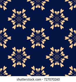 Wallpaper seamless pattern. Ornamental dark blue background with golden ornaments. Vector illustration