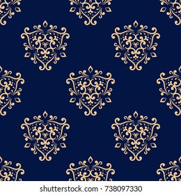 Wallpaper seamless pattern. Ornamental dark blue background with golden ornaments. Vector illustration