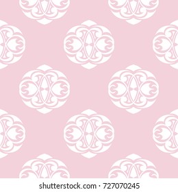 Wallpaper seamless pattern. Ornamental pale pink background with white ornaments. Vector illustration