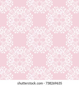 Wallpaper seamless pattern. Ornamental pale pink background with white ornaments. Vector illustration