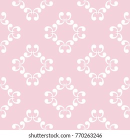 Wallpaper seamless pattern. Ornamental pale pink background with white ornaments. Vector illustration