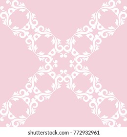 Wallpaper seamless pattern. Ornamental pale pink background with white ornaments. Vector illustration
