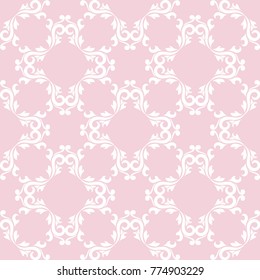 Wallpaper seamless pattern. Ornamental pale pink background with white ornaments. Vector illustration