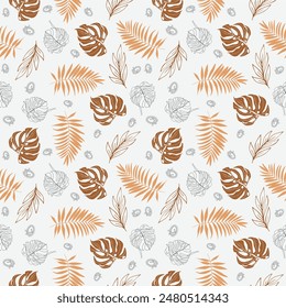 Wallpaper with a seamless pattern of tropical dark green palm leaves and flowers on a grey background