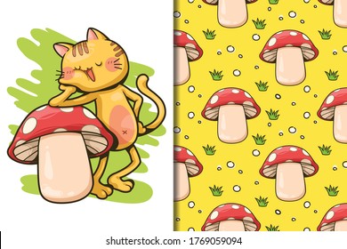Wallpaper and Seamless pattern yellow cat standing, hand to cheek on side large red mushroom cartoon, 
Vector illustration