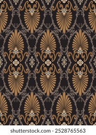 Wallpaper seamless pattern.Classic,luxury style.Design with classic element on dark brown color background.Design is perfect for adding to wallpaper, decorative,fabric,textile,background and clothes.