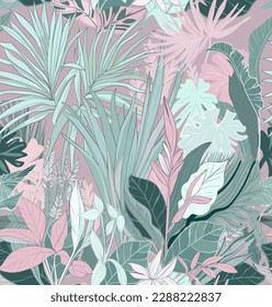 Wallpaper. Seamless tropical leaf pattern. Delicate, luxurious pattern of exotic leaves.