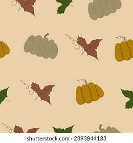 Wallpaper seamless vector pattern with yellow and green pumpkins and brown leaves on yellow background