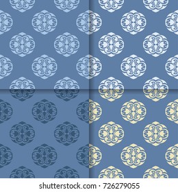 Wallpaper set of blue seamless patterns with floral ornaments