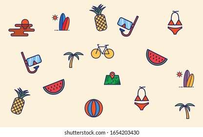 Wallpaper set of summer stuff icons in vivid color tone. Sea beach icons collection. Summer traveling beach set of icons