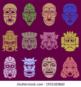 Wallpaper from a set of twelve pagan masks. The faces of various gods, spirits, and other mystical beings. Vector illustration.