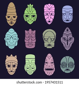 Wallpaper from a set of twelve pagan masks. The faces of various gods, spirits, and other mystical beings. Vector illustration.