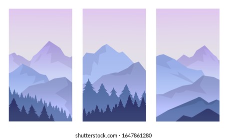 Conjunto de papel tapiz para orientación vertical. Carteles para medios sociales, smartphones, folletos. Paisaje con niebla azul y púrpura, montañas nubladas, colinas, árboles. Fondo de la ilustración del vector. 