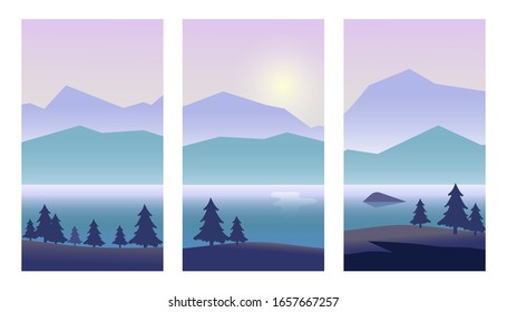Wallpaper set for vertical orientation. Banners for social media, smartphones, brochures. Landscape with purple, blue and green foggy, misty mountains, mountain lake and fir trees. Vector illustration