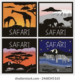 Wallpaper with silhouettes of animals. Tropical landscape. Safari art frames. Safari vector. EPS 10.