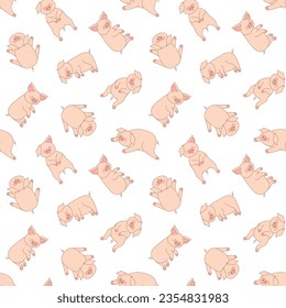 Wallpaper with sleeping pigs in different poses on white background. Vector seamless repeat pattern of cute piglets