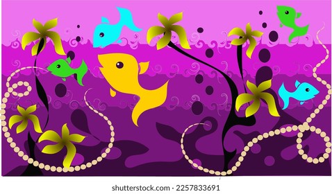 Wallpaper for smartphone, computer desktop or tablet as a background. Fantasy. abstraction. Flowers, fish, algae, water, air bubbles. Modern progressive design.