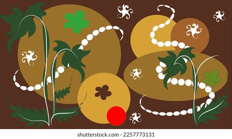 Wallpaper for smartphone or tablet as a background. Fantasy. Leaves, grass, balls on a brown background. Modern progressive design template.