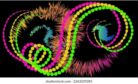 Wallpaper for smartphone or tablet as a background. Fantasy. Spiky and swirling colored brush strokes on a black background. Modern progressive design template