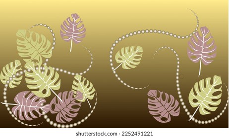 Bildschirmhintergrund für Smartphone oder Tablette. Monstera Blätter, Streicher von Perlen auf Bronzestand. Moderne, progressive Design-Vorlage
