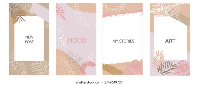 Wallpaper for social media stories collection. Minimalistic style with leaves. Template design with empty space for text. Vector stock illustration