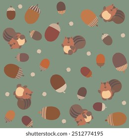 Wallpaper of a squirrel wearing a cute hat and acorns and nuts green
