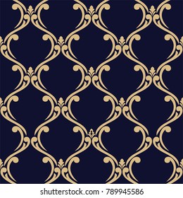 Wallpaper in the style of Baroque, damask. A seamless vector background. Gold and blue-black ornament