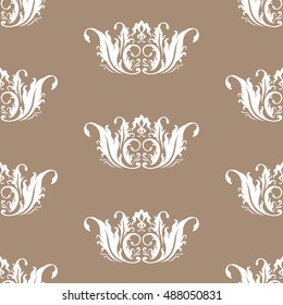 Wallpaper in the style of Baroque, damask. White abstract ornament on beige background. A seamless pattern. vector