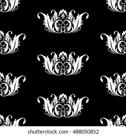 Wallpaper in the style of Baroque, damask. White abstract ornament on black background. A seamless pattern. vector