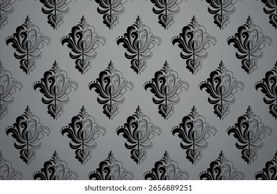 Fondo de pantalla en el estilo del Barroco. Ornamento floral gris y negro. Fondo de Vector sin fisuras. Patrón gráfico para tela, Fondo de pantalla, embalaje. Ilustración de flor de damasco adornado