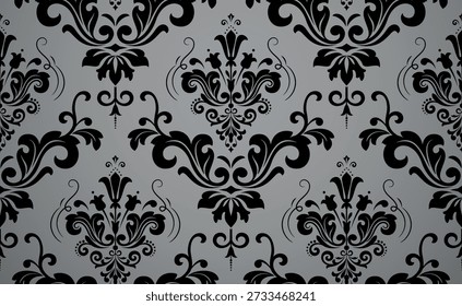 Papel de parede no estilo barroco. Ornamento floral cinza e preto. Fundo vetorial sem costura. Padrão gráfico para tecido, papel de parede, embalagem. Ilustração em flor de Damasco ornamentado