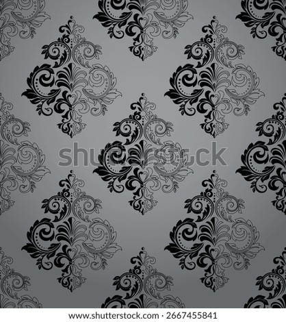 Wallpaper in the style of Baroque. Gray and black floral ornament. Seamless vector background. Graphic pattern for fabric, wallpaper, packaging. Ornate Damask flower illustration