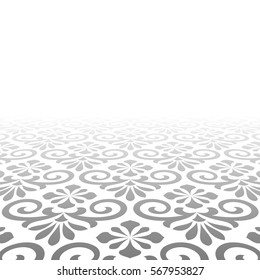 Wallpaper in the style of Baroque.  Gray and white texture. Floral ornament. Graphic vector pattern. Abstract vector background with perspective