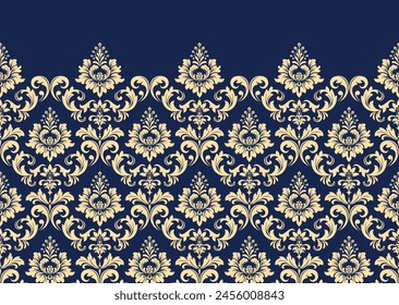 Wallpaper in the style of Baroque. Modern vector background. Dark blue and golden floral ornament. Graphic pattern for fabric, wallpaper, packaging. Ornate Damask flower ornament