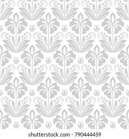 Wallpaper in the style of Baroque. A seamless background. Gray and white texture. Floral ornament. Graphic pattern