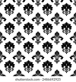 Fondo de pantalla estilo barroco. Fondo de Vector Damasco sin costuras. Adorno floral blanco y negro. Patrón gráfico para tela, Fondo de pantalla, embalaje. Adorno de flor de Damasco adornado
